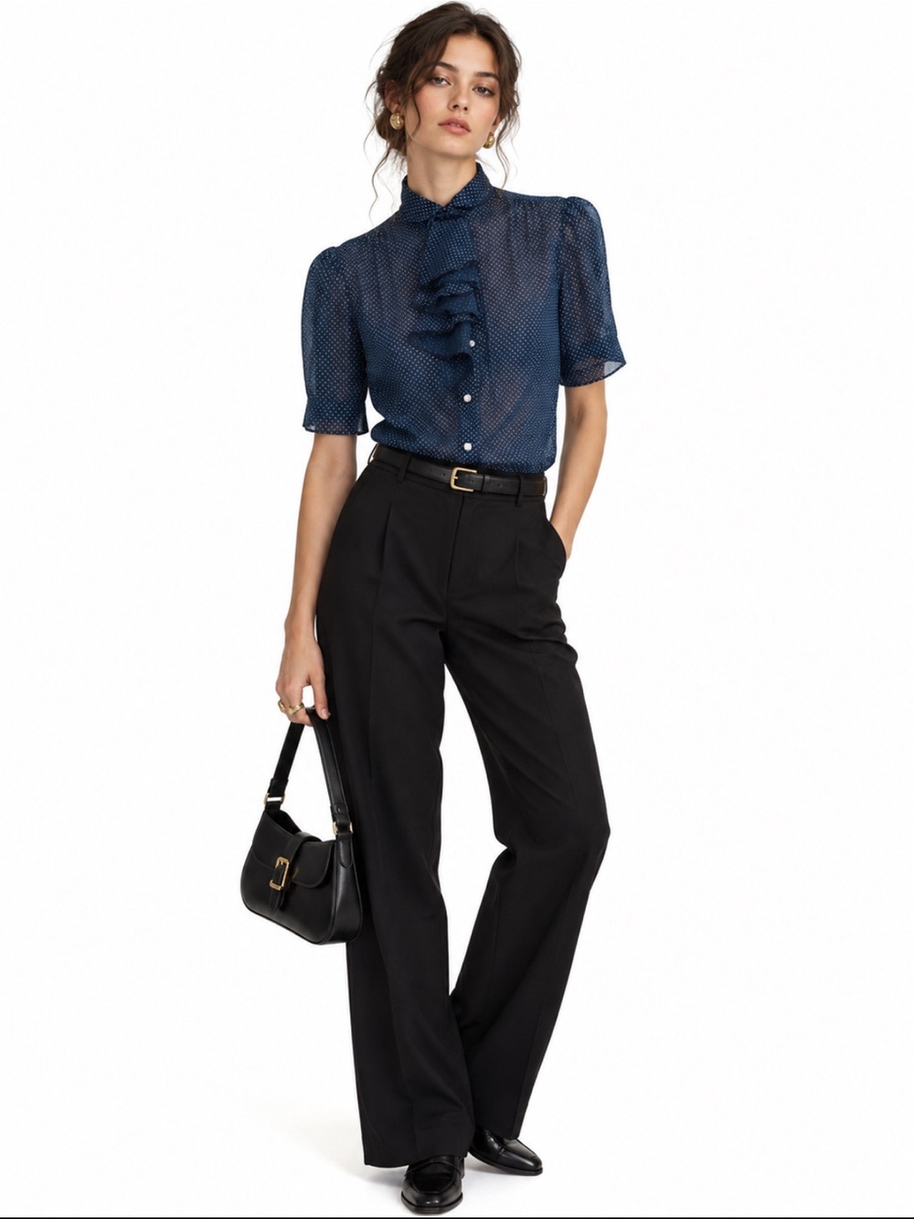 Vintage 90s Rhoda Lee Navy Polka Dot Ruffle Tie Blouse Size 6